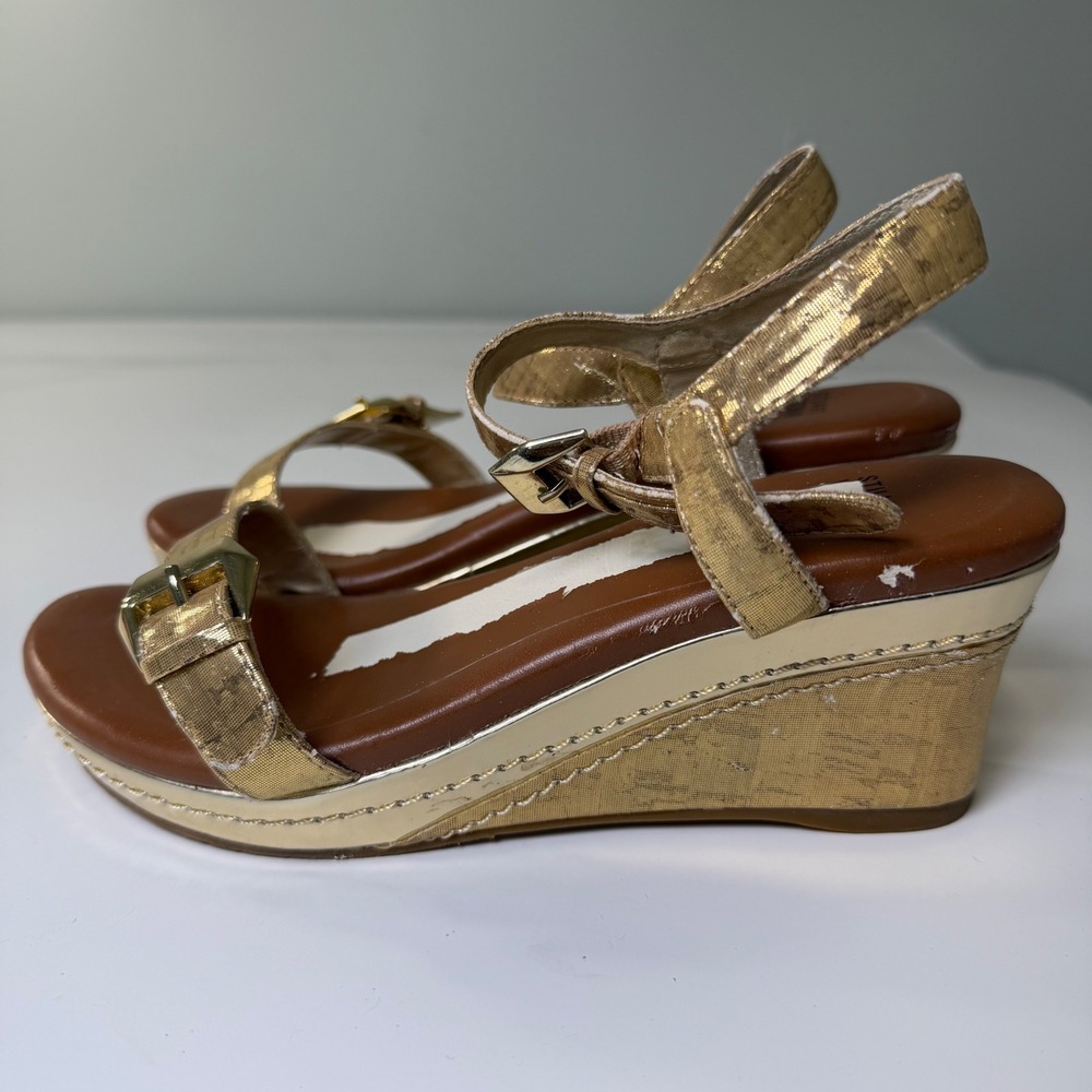 Stuart Weitzman Metallic Gold‎ Wedge Sandals Buckle Straps Size 4 US 36 Euro - Picture 2 of 10